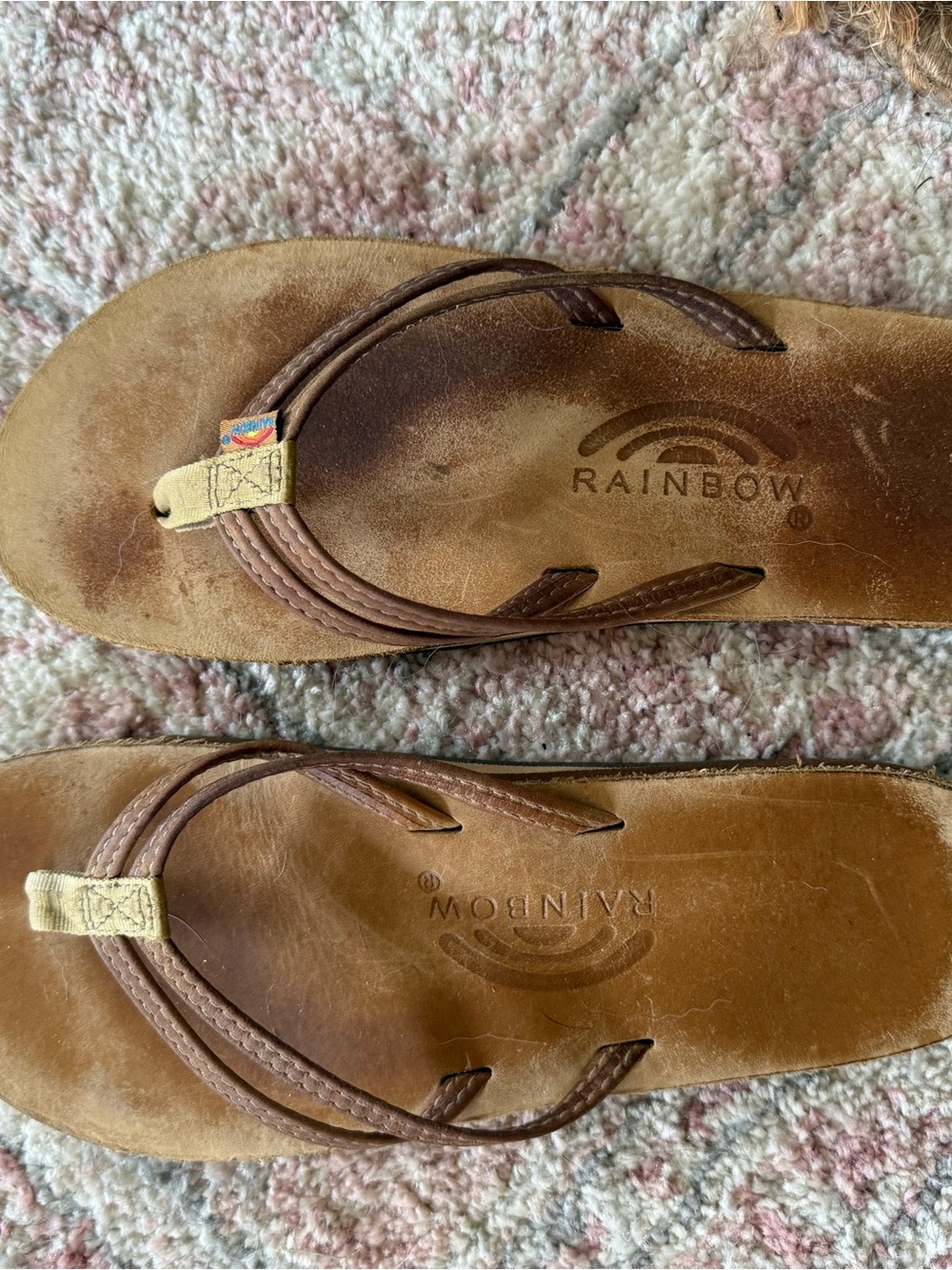 Rainbow Brown Leather Double-Strap Flip Flop Sandals - Women's